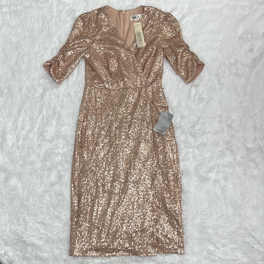 Eliza J NWT! Rose Gold Sequin Sparkly Faux Wrap Midi Dress
